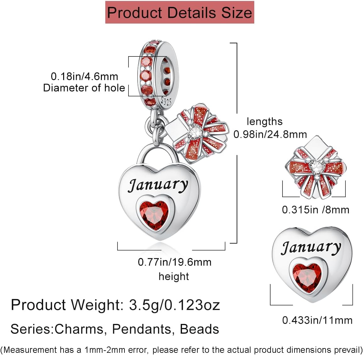 HappyStar 925 Sterling Silver Happy Birthday Bead Charm Love Heart Shape Birthstone Charms for Bracelets Dangle Pendant with 5A Cubic Zirconia Compatible Pandora Bracelets Jewelry Gift for Women