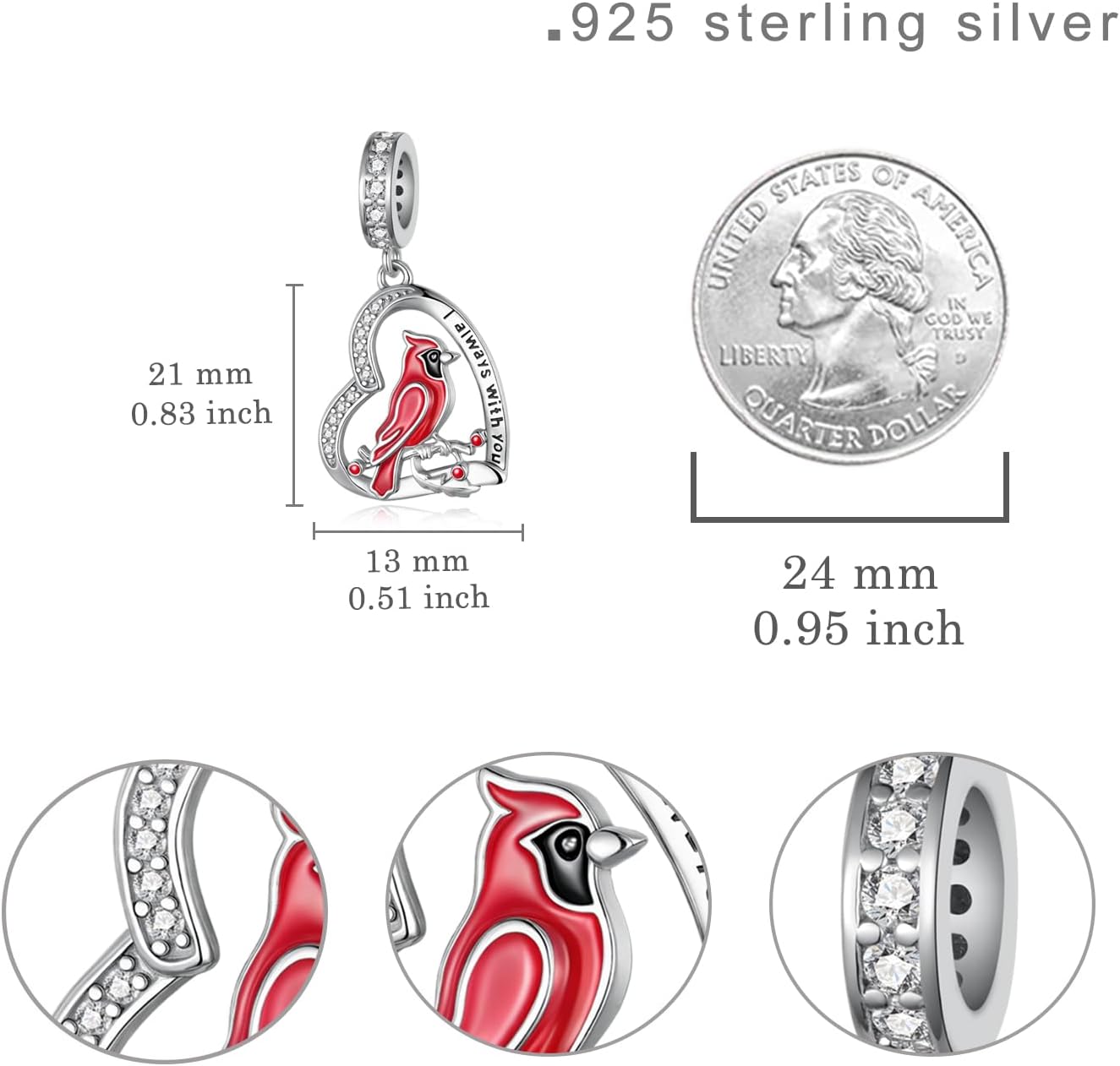 Cardinal Charm 925 Sterling Silver Cardinal Charms for Bracelets I am Always With You Memorial Jewelry Heart Red Cardinal Gifts for Women