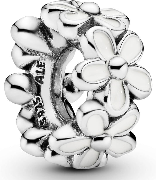 PANDORA White Daisy Flower Spacer Charm - Bracelet Charm for PANDORA Moments Bracelets - Sterling Silver & Enamel - Gift for Her - Jewelry for Women with Gift Box